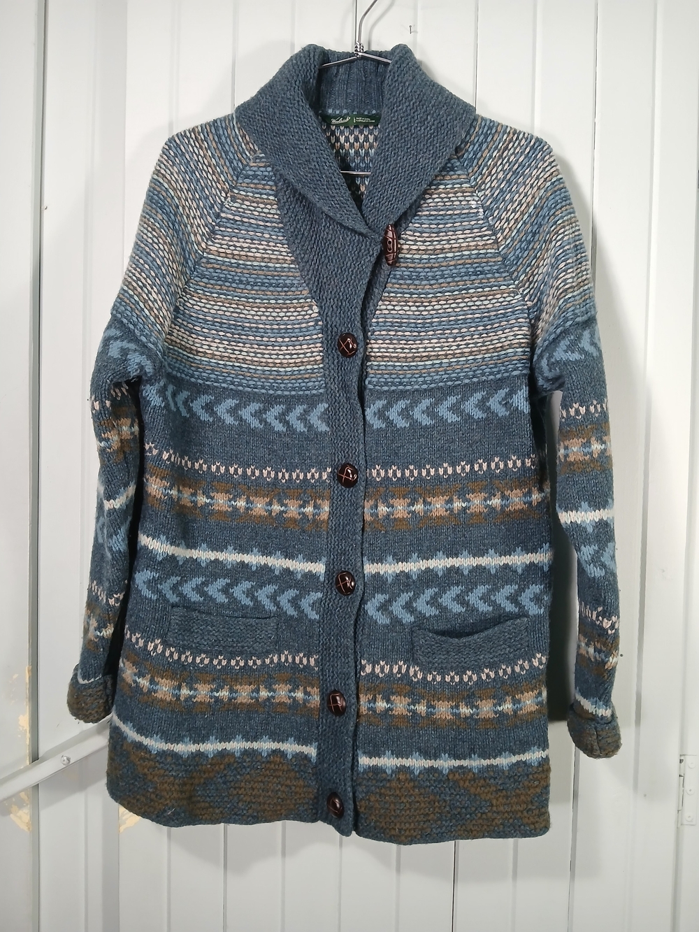 Vintage Woolrich Shawl Collar Blue Fair Isle Cardigan Sweater